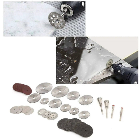 65 Piece Cutting Wheel Set For Glass Tile Metal With HSS Resin Cutters shown cutting glass and displayed with discs and attachments