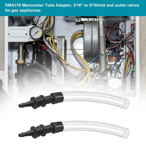 RMA316 manometer tube adapters, 3/16–5/16 in, 2-pack, clear tubing with black fittings for gas appliance manometers
