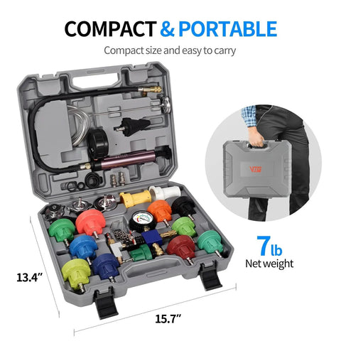 Pro Grade All In One 25 Piece Coolant Pressure Tester Kit open case showing colorful adapters and tools, portable design
