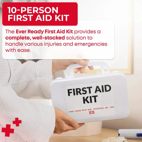 Person holding a 10 Person First Aid Kit With OSHA And ANSI Class A Compliance, suitable for home, office, vehicle use.