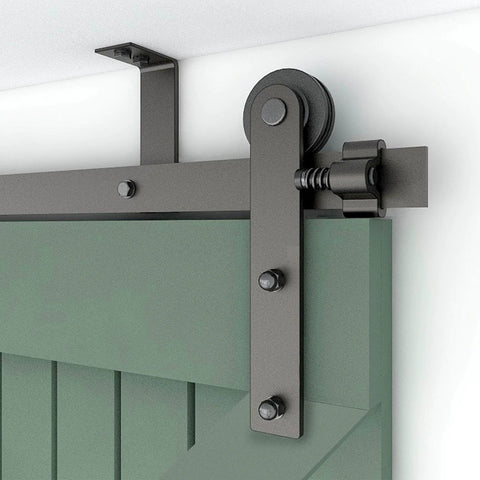 9 Ft Ceiling Mount Sliding Barn Door Hardware Kit For 54 Inch Wide Single Wood Door Built Tough Steel Smooth And Quiet Operation Easy Install 220 Lbs Weight Capacity Includes Rails L Brackets And Rollers close-up view