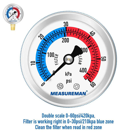 Glycerin Filled 2-Inch Dial Pool Filter Pressure Gauge With 304 Stainless Steel Case And Brass Wetted Parts, 0-60 Psi And 420 kPa Dual Scale
