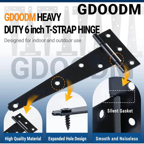 12 Pack 6 Inch T Strap Shed Door Hinges Black Heavy Duty Tee Hinges For Wooden Fences Yard Gates Barn Doors Rustproof Wrought Iron Hardware High Strength One And A Half Millimeter Thickness Supports Over 33 Lbs Each Durable Powder Coat Finish Weather