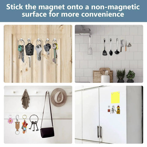 UTOMAG round neodymium magnets with adhesive backing; collage shows magnets used on fridge to hold keys, utensils, notes.