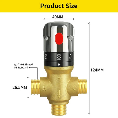 Thermostatic Mixing Valve Half Inch NPT Solid Brass Temperature Control For Shower Kitchen Faucet And Solar Systems With Adjustable Thermostat Red Button