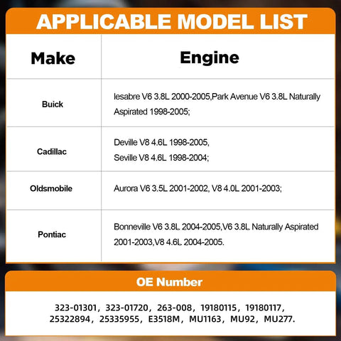 Chart showing applicable models for Electric Fuel Pump Assembly For Buick LeSabre Park Avenue Cadillac DeVille Seville Oldsmobile Aurora Pontiac Bonneville V6 3.8L 4.0L 4.6L Replacement MU1163 MU92 MU277 High Quality Auto Part