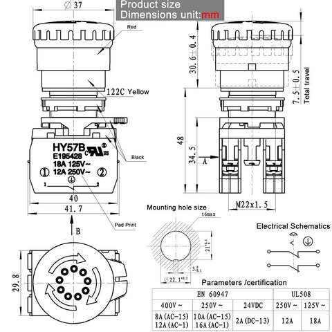 Technical diagram of Emergency Stop Switch 18A 125V and 12A 250V, Beefy Heavy Duty E Stop with dimensions and electrical schematics