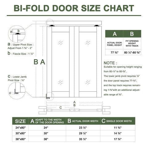 Bi-fold door size chart for 72 Inch Wide By 80 Inch Tall Mirrored Bifold Door Built Tough With Solid Core Construction.
