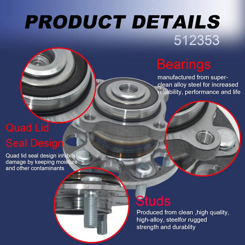 Product image showing details of Rear Wheel Bearing Hub Assembly 512353 Fit Honda Accord 2008 2012 And Acura TSX 2009 2014 Replacement For Rear Left And Right Wheels With Reference Part Numbers 512353 42200TA0A51 52350TA0A00, highlighting bearings, quad lid seal design, and stud quality.