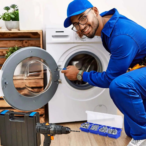Smiling technician using Six Piece Screw Organizer Box With Lids Slanted Opening For Easy Grab And Go Access next to washing machine.