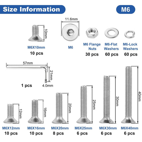 M6 Flat Head Hex Socket Cap Screws Set, 206 Piece All In One Kit With Nuts, Washers, And Allen Wrench, 304 Stainless Steel, Fully Threaded, 1.0mm Pitch, Covers 10, 12, 16, 20, 25, 30, And 40mm Lengths shown with sizes.