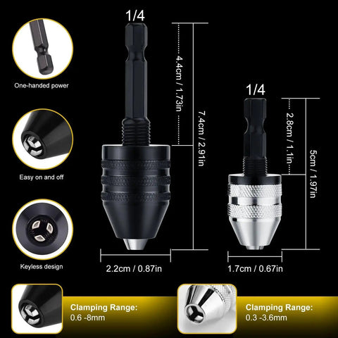 Two 1/4-inch hex shank drill chuck adapters, keyless, for impact drivers; black and silver knurled quick-change heads.