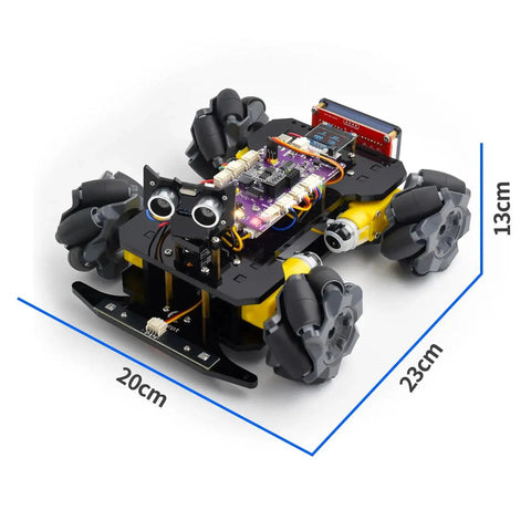 Top view of Mecanum Wheel Smart Car Kit For Arduino IDE Compatible By Adeept with independent wheel drive and electronic components.