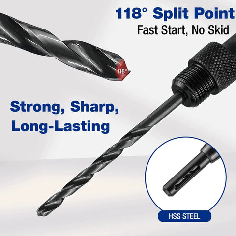 Close-up of Self Centering Drill Bit Set For Precise Cabinet And Door Installations With HSS VIX Bits, showing spiral design.