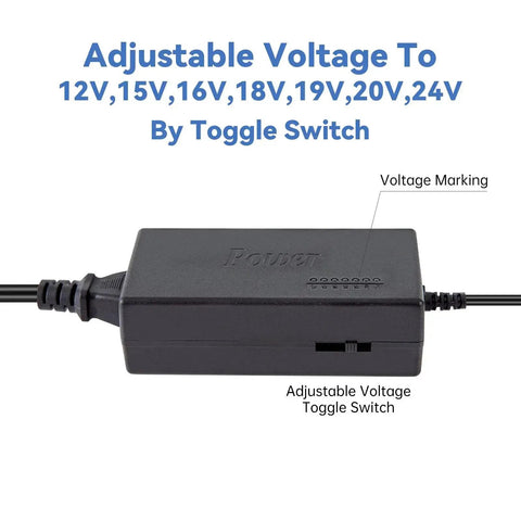 Universal DC Power Adapter With 8 Tips, Switchable 12V-19V/4.5A and 20V-24V/4A Output, shown with adjustable voltage toggle switch.