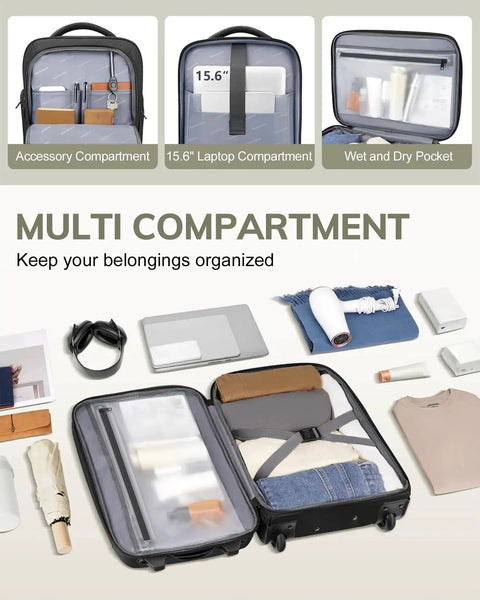 Open Underseat Carry On Luggage With Wheels For Men And Women, TSA Approved Rolling Overnight Weekender Bag showing compartments