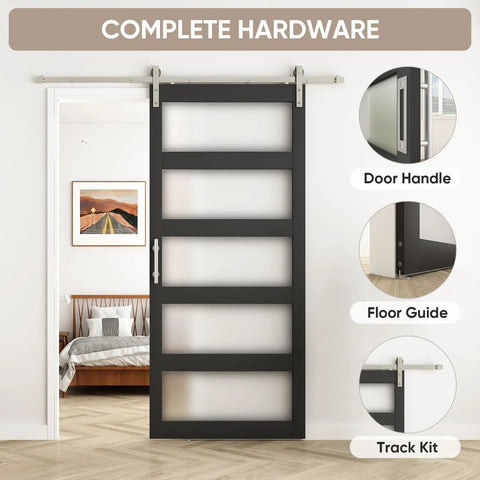 Glass Barn Door 42x96 Inch With 5-Panel Frosted Glass, Solid Wood Frame Wrapped In Waterproof PVC Surface, Black Finish, 7-Foot Nickel Sliding Door Hardware Included displayed installed in a room.