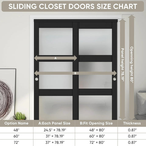 60 By 80 Inch Bypass Sliding Closet Door With Frosted Glass Three Lite Panels, Pre Drilled Solid Wood Slab, Vinyl Wrapped MDF Surface