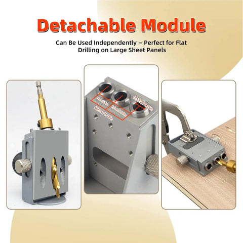 Pocket Hole Jig Kit For Woodworking Projects One Sided Fifteen Degree Locator With Hardened Steel Bushing And Three Eighths Inch Drill Bit For Cabinet Assembly Garage Grade Furniture Repair DIY Shelves image showing detachable module.