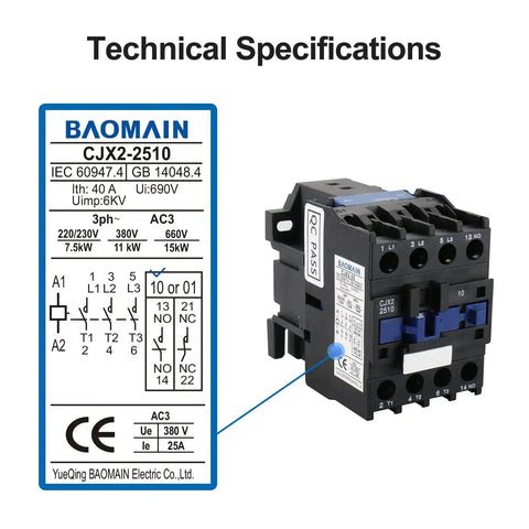 Diagram and photo of Three-Pole AC Contactor CJX2-2510 With 110VAC Coil, DIN rail mount, showing technical specifications and product design.