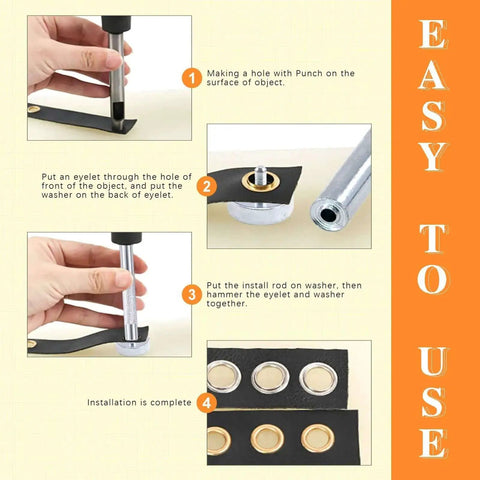 Step-by-step guide to using the One Quarter Inch Black Grommet And Eyelet Kit With 200 Sets for DIY projects.