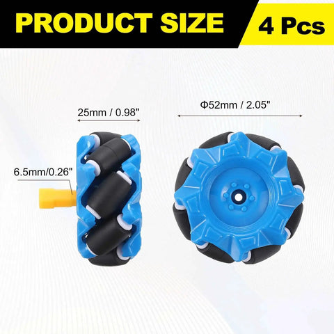Blue Mecanum Wheels Set With Hex Pins And Screws For Smart Robot Cars And DIY Models, 52mm Diameter, 25mm Width By Meccanixity