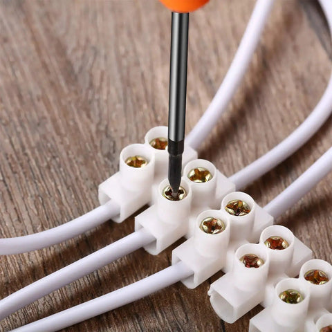 10 Piece White Terminal Blocks With 12 Position Dual Row Screw Terminals For Easy Wire Connection, screwdriver in terminal