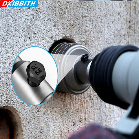 4 Inch Concrete Hole Saw Kit With SDS Plus Shank used on cinder block with close-up of tungsten steel core bit and drill positioner