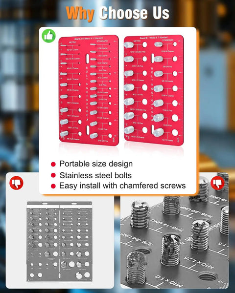 Ultimate Nut And Bolt Thread Checker With 35 Size Gauge 16 Metric And 25 Standard Sizes Pro Grade Bolt Size Finder and Thread Gauge with Inch and Centimeter Ruler For Quick Fit, portable size design and stainless steel bolts.
