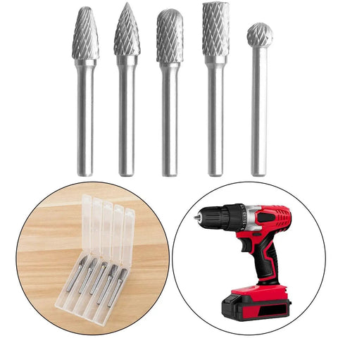Five Piece Premium Pro Grade Tungsten Carbide Rotary Burr Set With Quarter Inch Shank Double Cut 8mm Head Die Grinder Bits