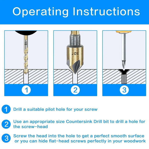 Operating instructions for Countersink Drill Bit Set Five Piece Pro Grade With Hex Shank 82 Degree Countersink For Flush Screws