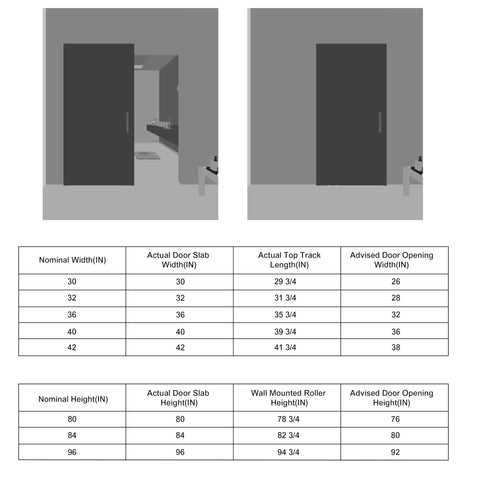 Diagram of Concealed Sliding Barn Door 36 By 84 Inches Shaker Style with size chart and installed view