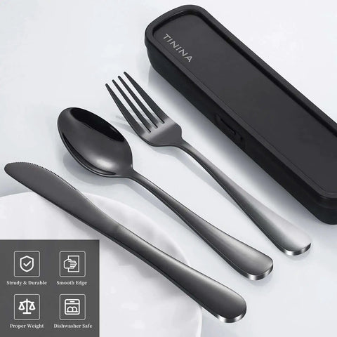 Grab And Go 4 Piece Stainless Steel Travel Utensils Set With Reinforced Buckle Case, Portable Cutlery For Camping Work Or School
