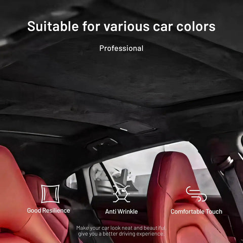 Car interior showing installed Suede Auto Headliner Fabric 98 By 60 Inches With Foam Backing Tube Pack Black above seats.