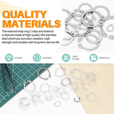 304 Stainless Steel E Clip And C Clip Retaining Rings Kit With Tweezers, 303 Pcs Assortment, displayed on a mat