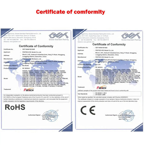 Two certificates of conformity side by side, displaying RoHS and CE marks.