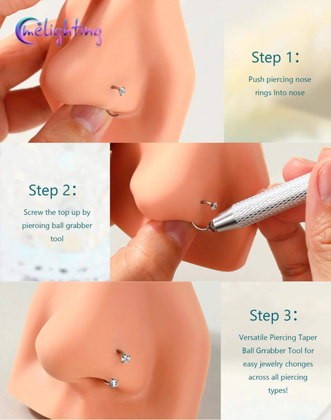 Using 20G Butterfly Horseshoe Nose Ring Hoop With Push Pin Ends Taper Ball Grabber Tool 316L Surgical Steel CZ Clear