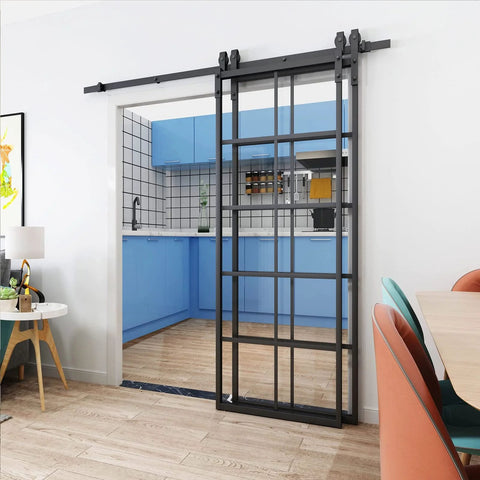 Sliding Barn Door Hardware Kit For Bypass Double Doors With Side Mounted Rails, 400cm Track, installed in modern home
