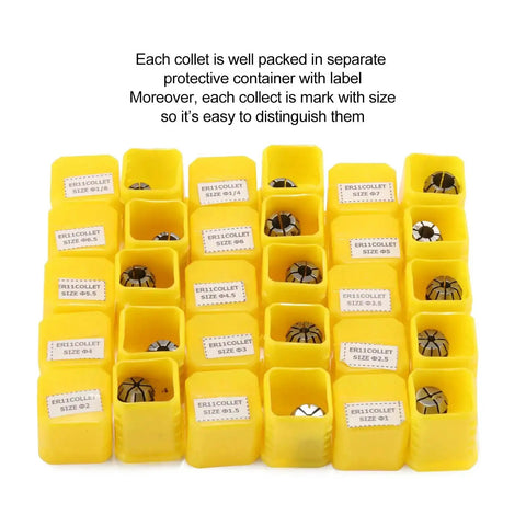 15 Piece ER11 Collet Set For CNC Milling Engraving And Lathe Tools, Pro Grade Spring Steel Collets in yellow containers