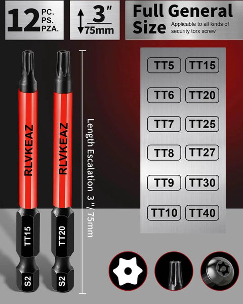 Heavy Duty 12 Piece Impact Torx Bit Set 3 Inch Long S2 Steel Tough As Nails Tamper Proof Star Bits T5 To T40 One Quarter Inch Hex Shank Magnetic High Torque For Automotive Electronics And DIY Repairs RLVKEAZ