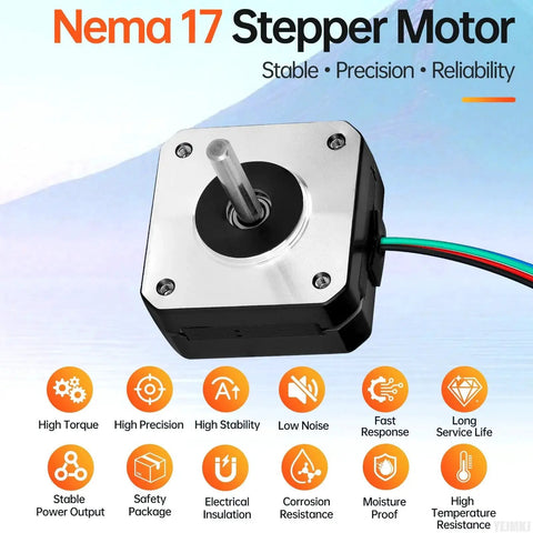 Image of a Nema 17 stepper motor with 4 wire leads, featuring high torque and precision, ideal for 3D printers, CNC, and robot projects.