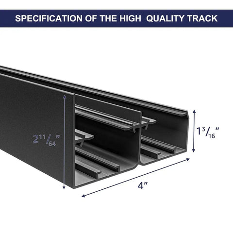 4 Ft Bypass Door Hardware Kit For Closet Doors, Top Mounted Track System in black, heavy duty aluminum close-up with measurements