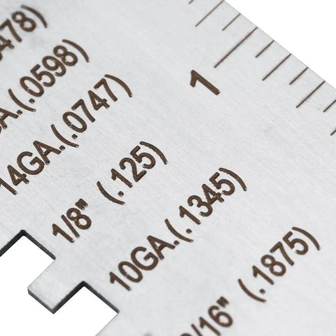 Close-up of Stainless Steel Thickness Gauge For Welding And Metal Fabrication Pro Grade DIY Friendly Tool Measures 24GA to 14GA markings.