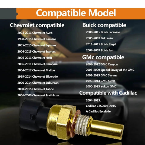 Engine Coolant Temperature Sensor For Chevy Avalanche Impala Trailblazer Suburban 1500 2500 HD Express Silverado GMC Envoy Sierra Yukon Savana Saturn OEM 2134514 2134333 19236568 Top Pick with compatibility list in the background.