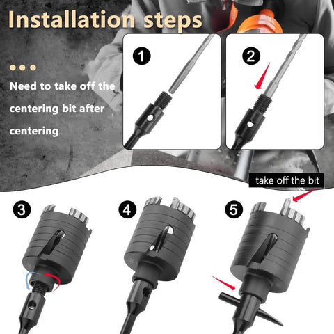 Installation steps for 1 Inch Diamond Core Drill Bit With SDS Plus Adapter for dry and wet drilling, shown with connecting parts.