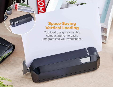 Electric 3 Hole Punch For Office Use Workhorse Dual Paper Loading From Top Or Front Heavy Duty Jam Free Performance 20 Sheet Capacity AC Adapter Or Battery Powered Space Saving Desk Tool Black on a desk