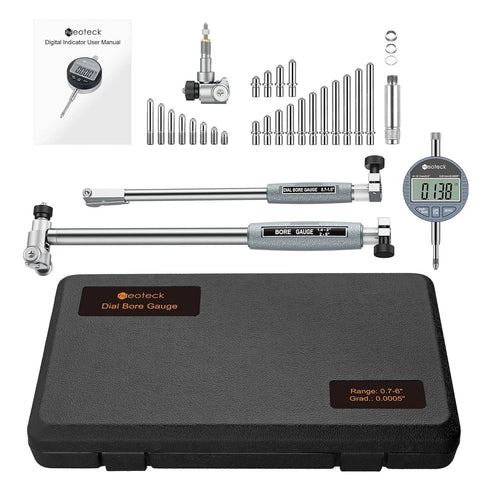 Ultra Precise Digital Dial Bore Gauge For Engine Cylinder Measurements 0.7 To 6 In Range 6 In Depth 0.0005 In Accuracy Includes 23 Anvils For Any Bore Size Easy To Use For Pros And DIY Machinists By Neoteck in case with attachments and manual