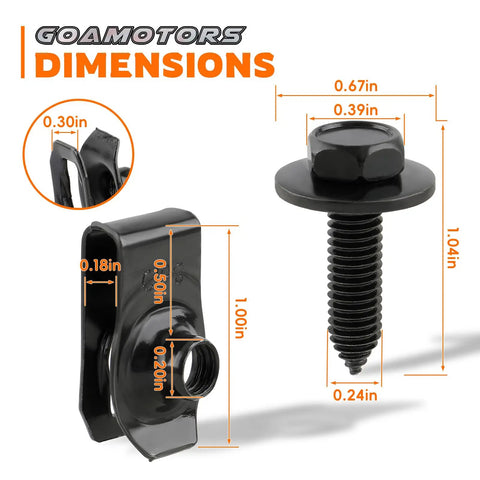 One Quarter Inch Body Fastener Kit With Twenty Five Bolts And Twenty Five U Nut Clips For Fender Engine Cover And Splash Shield Black Phosphate Coated Indented Hex Head With Free Spinning Washer Ideal For Car Bumpers Furniture And More dimensions view showing bolt and U-nut size.
