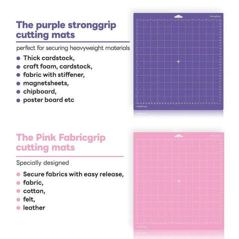 12x12 Cutting Mats 4 Pack Set For Cricut Machines LightGrip StandardGrip StrongGrip FabricGrip Blue Green Purple Pink Replacement Accessories For Cricut Maker 3 Maker Explore 3 Air 2 Air One Craft Essentials showing purple StrongGrip and pink FabricGrip mats.