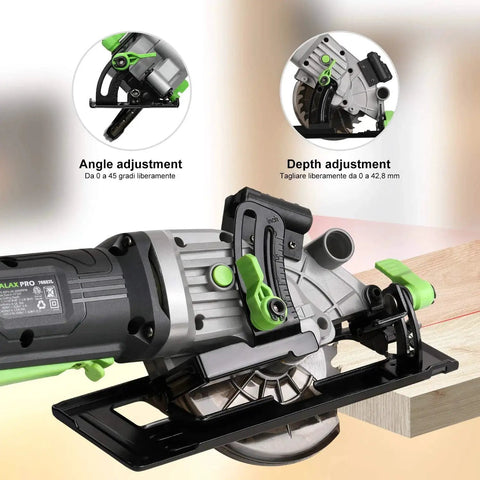 Powerful 4 Amp 3500 RPM Circular Saw With Laser Guide For Clean, Precise Cuts, angle and depth adjustments shown